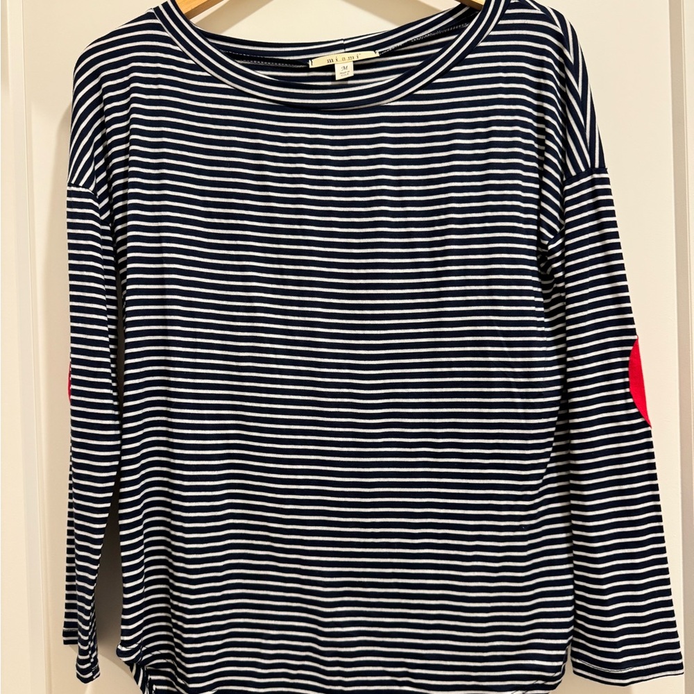 Miami Navy and White Striped Long Sleeve Top with Red Elbow Patches